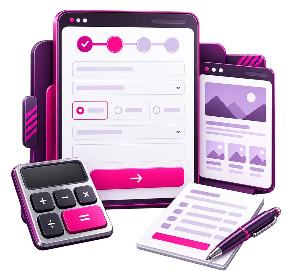 Área de cotización de diseño web en Puerto Rico con formulario digital, calculadora, documento y bolígrafo para solicitar servicios web.