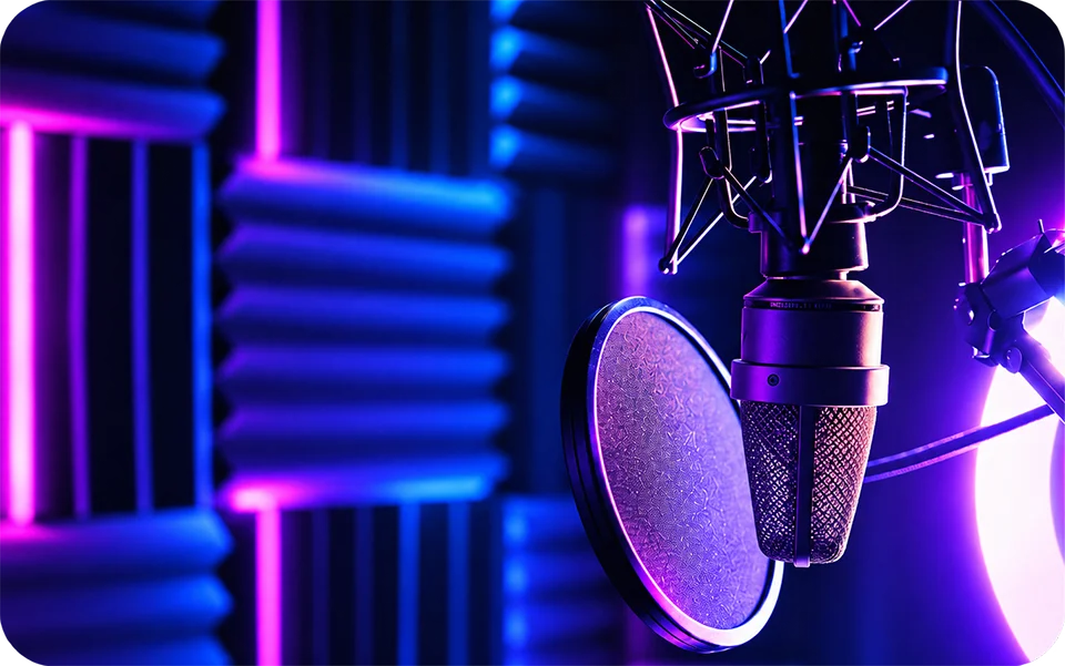 Sección Cómo funciona la radio online de Diseños Web PR en Puerto Rico, con micrófono profesional, filtro antipop, soporte y paneles acústicos.