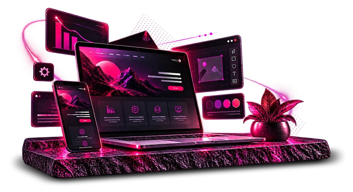 Página de inicio de diseño web en Puerto Rico con laptop, móvil, paneles digitales, gráficos, herramientas visuales y estilo neón profesional.