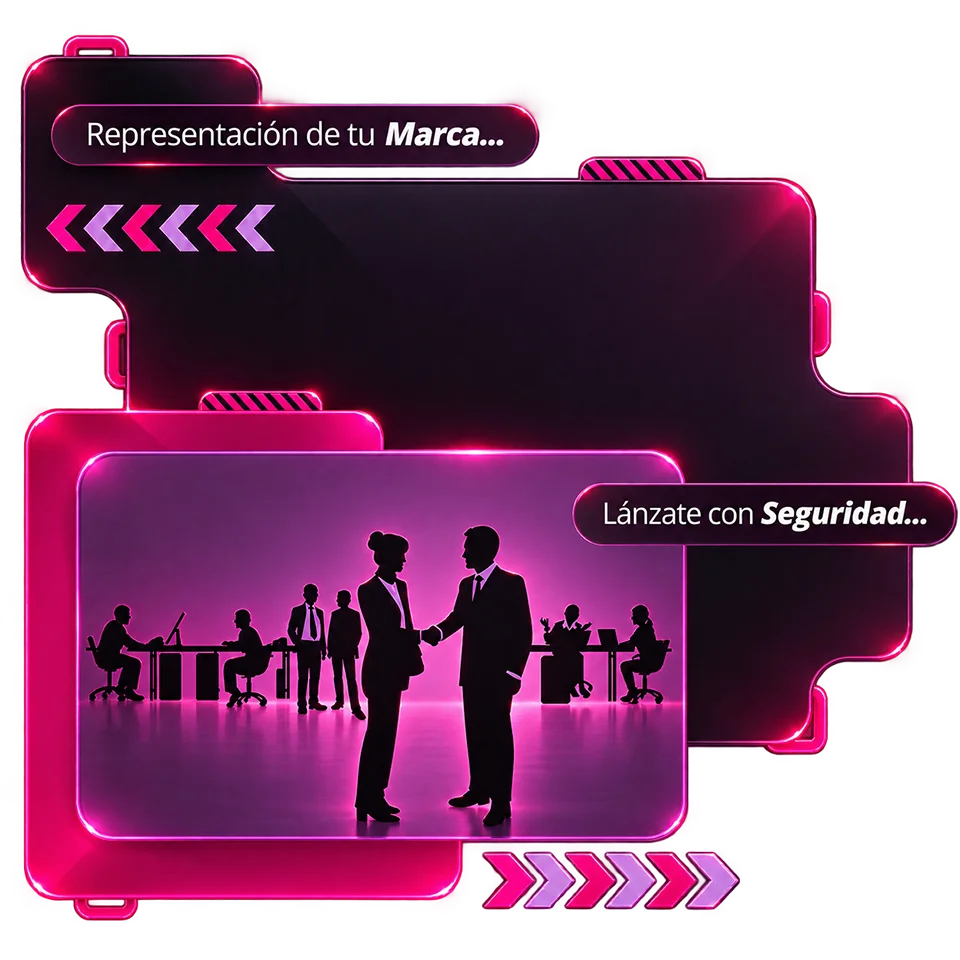 Página de inicio de diseño web en Puerto Rico con paneles neón, representación de marca, seguridad y acuerdo profesional entre empresarios.
