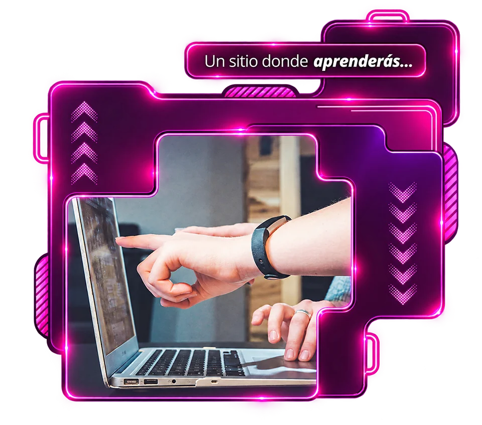 Página de inicio de diseño web en Puerto Rico con mano señalando una laptop y concepto de sitio educativo orientado al aprendizaje.