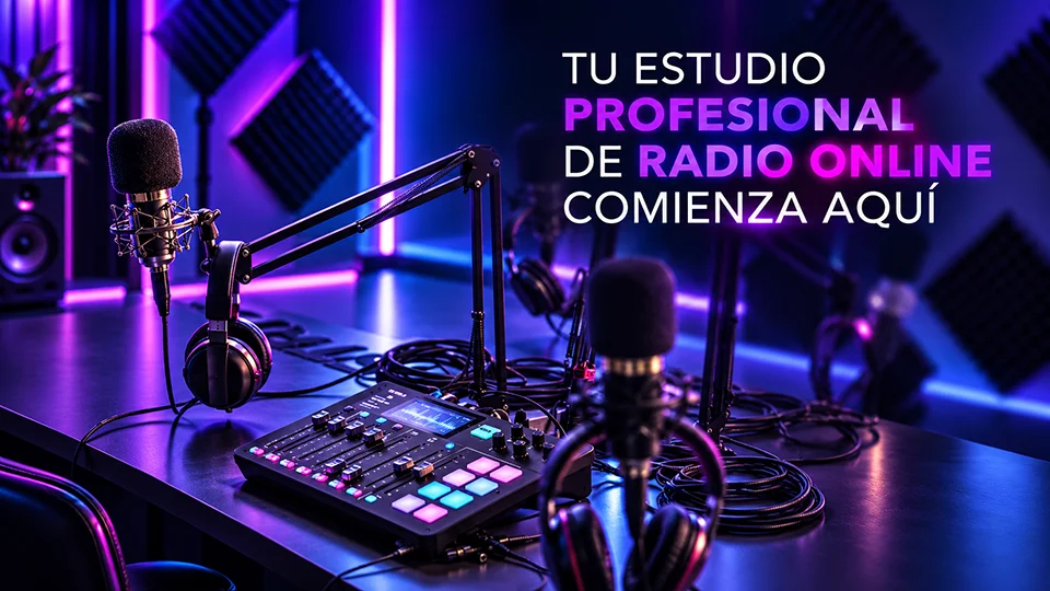 Sección Qué es una radio online de Diseños Web PR en Puerto Rico, con estudio profesional, micrófonos, audífonos, consola de audio y paneles acústicos.