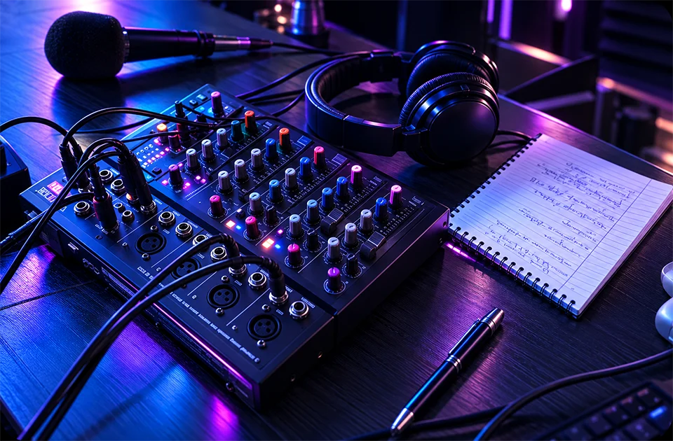 que-necesitas-para-tener-radio-online-100-profesional-puerto-rico-consola-audio Sección Qué necesitas para tener una radio online 100% profesional en Puerto Rico, con consola mezcladora, micrófono, audífonos, libreta, bolígrafo y cables de audio.