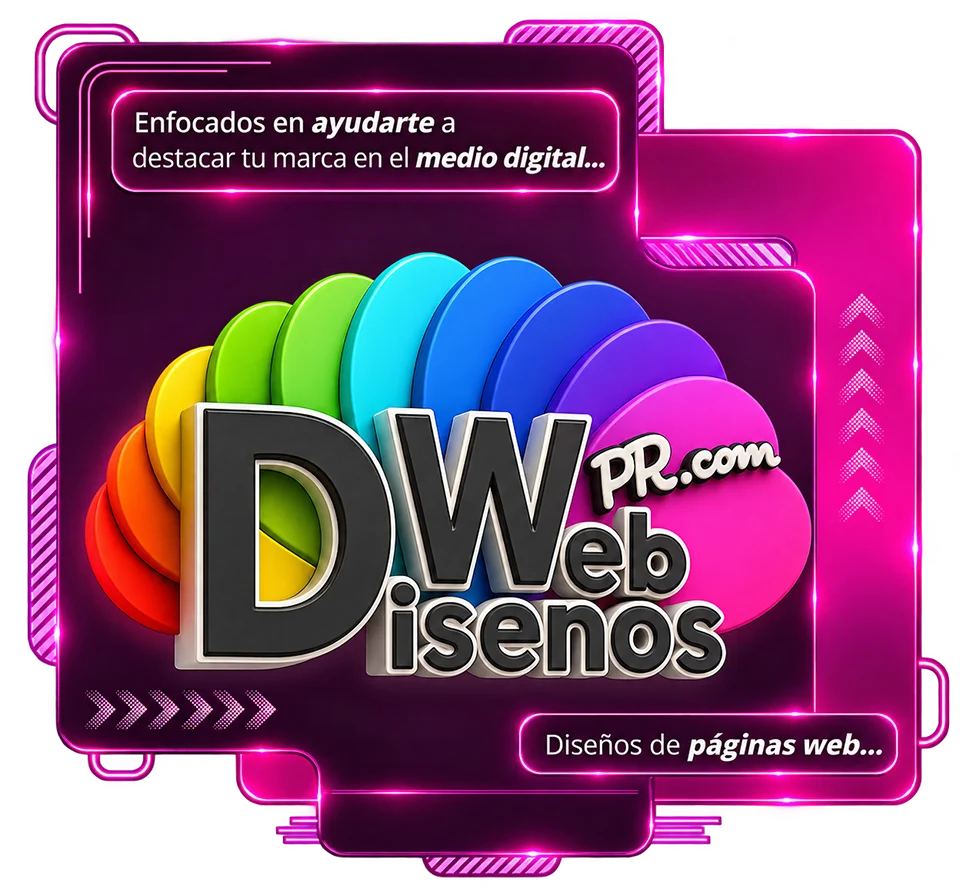 Área Sobre Nosotros de Diseños Web PR con logo colorido, panel neón y mensaje sobre destacar marcas en el medio digital.